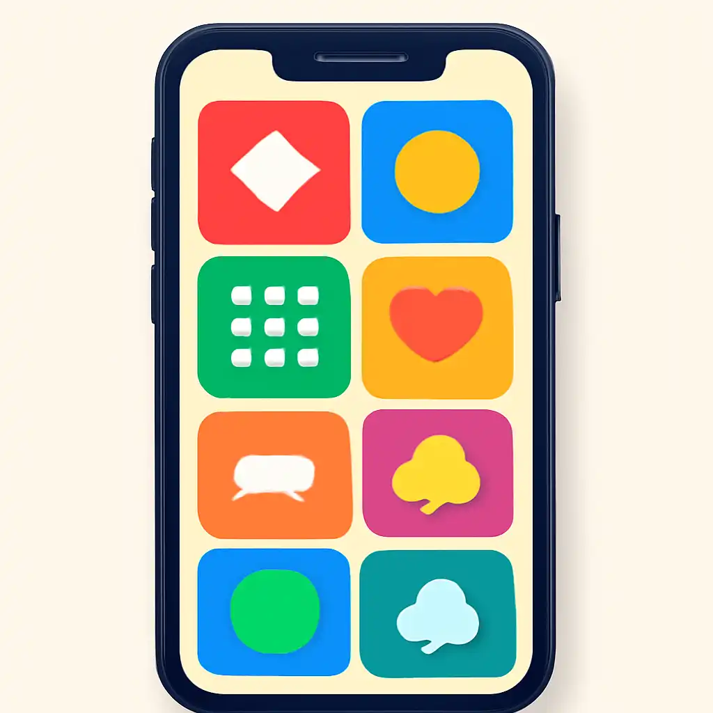 Smartphone shown from the front displaying a colourful flat layout of abstract game icons and rounded tiles, Rummy Modern