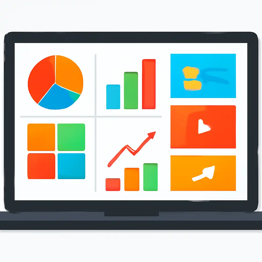 Laptop shown from the front displaying a colourful flat dashboard of abstract charts, bars and icon tiles, Rummy Modern