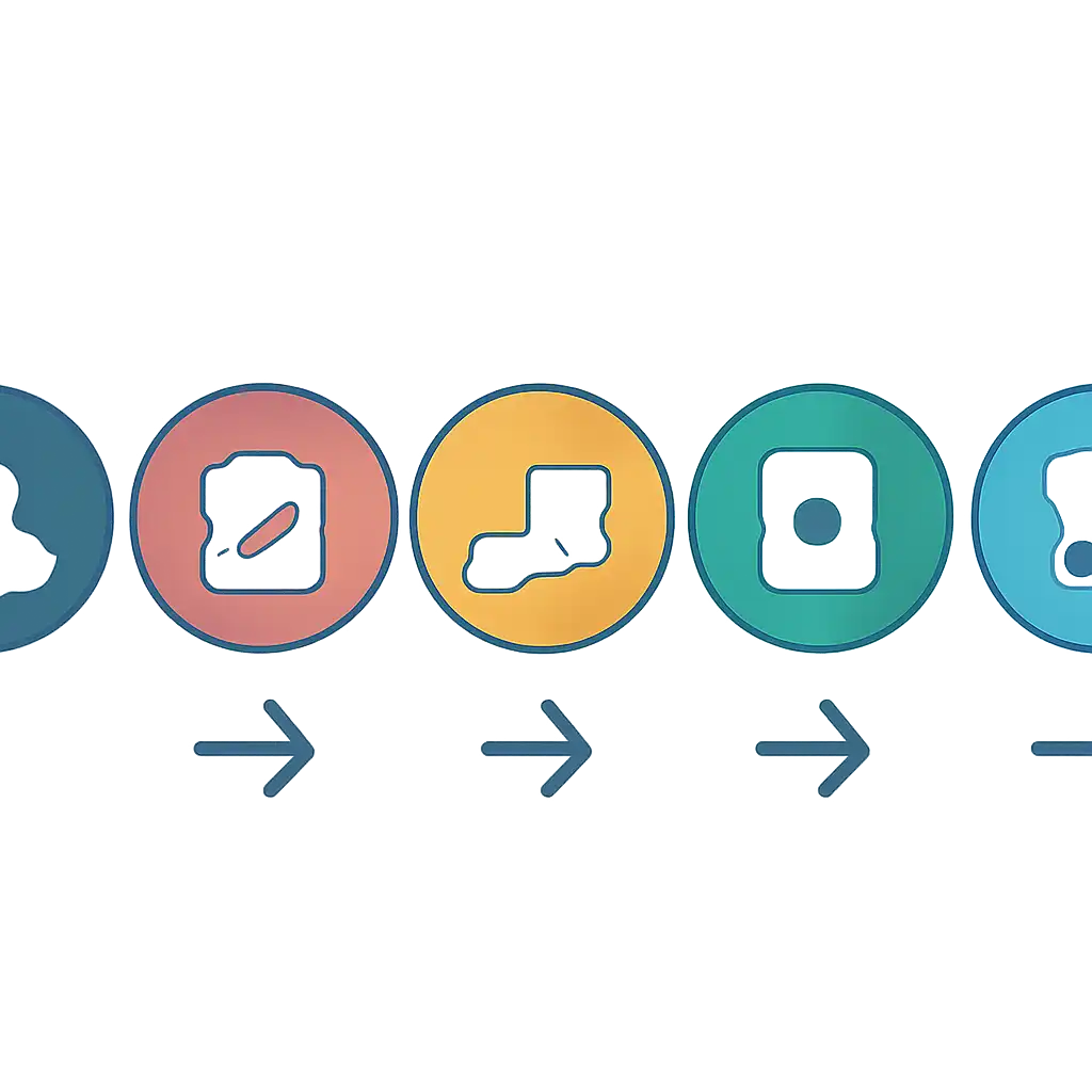 Five numbered circular icons connected by arrows in a horizontal flow, Rummy Modern steps