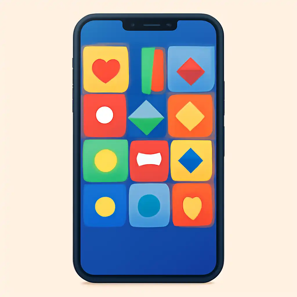 Smartphone shown from the front displaying a colourful flat layout of abstract game icons and rounded tiles, Rummy Modern