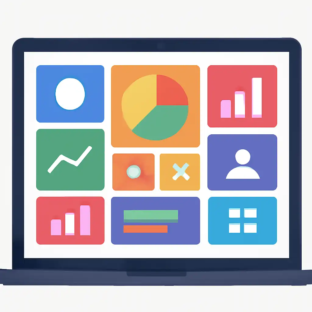 Laptop shown from the front displaying a colourful flat dashboard of abstract charts, bars and icon tiles, Rummy Modern