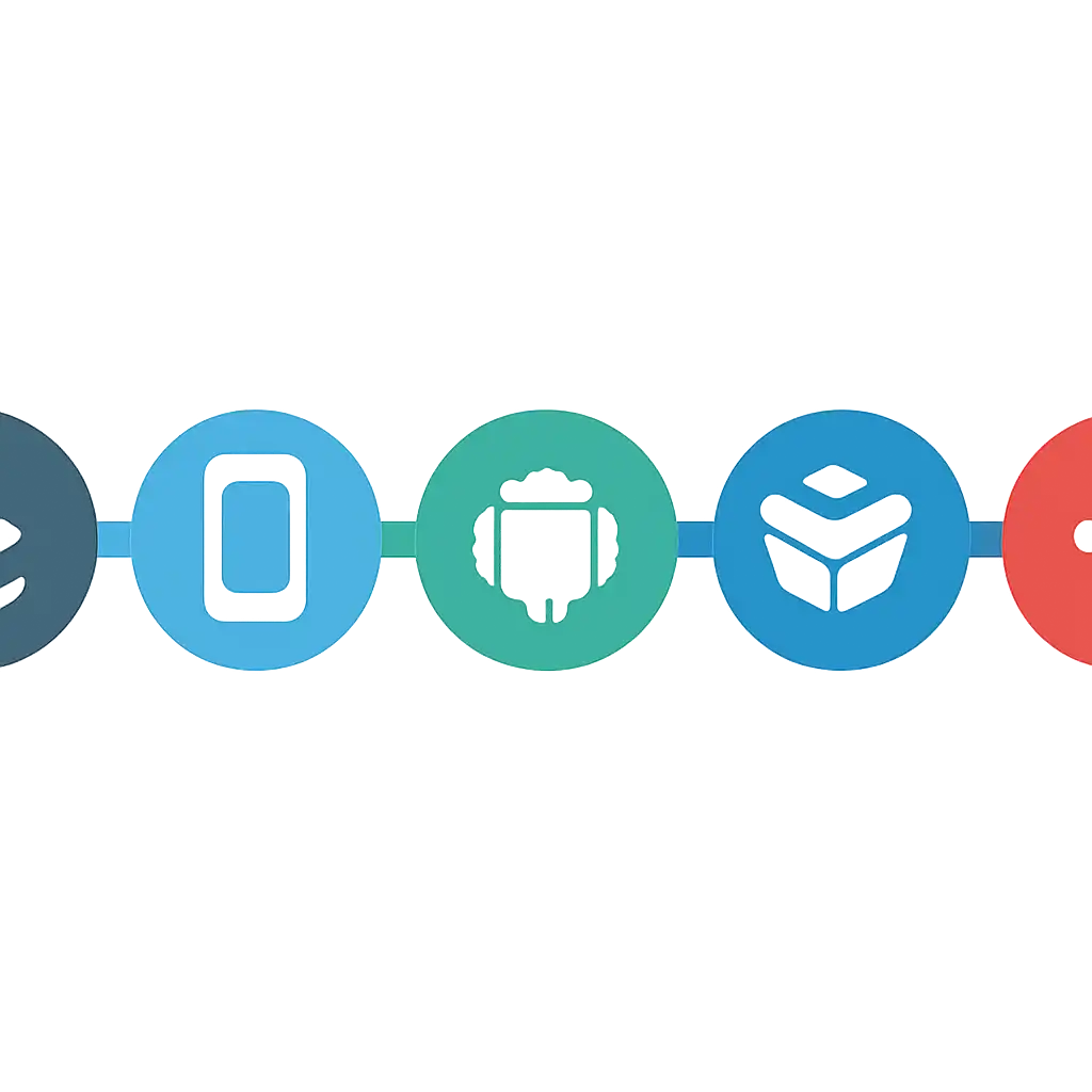 Five numbered circular icons connected by arrows in a horizontal flow, Rummy Modern: Download and Install on Android steps