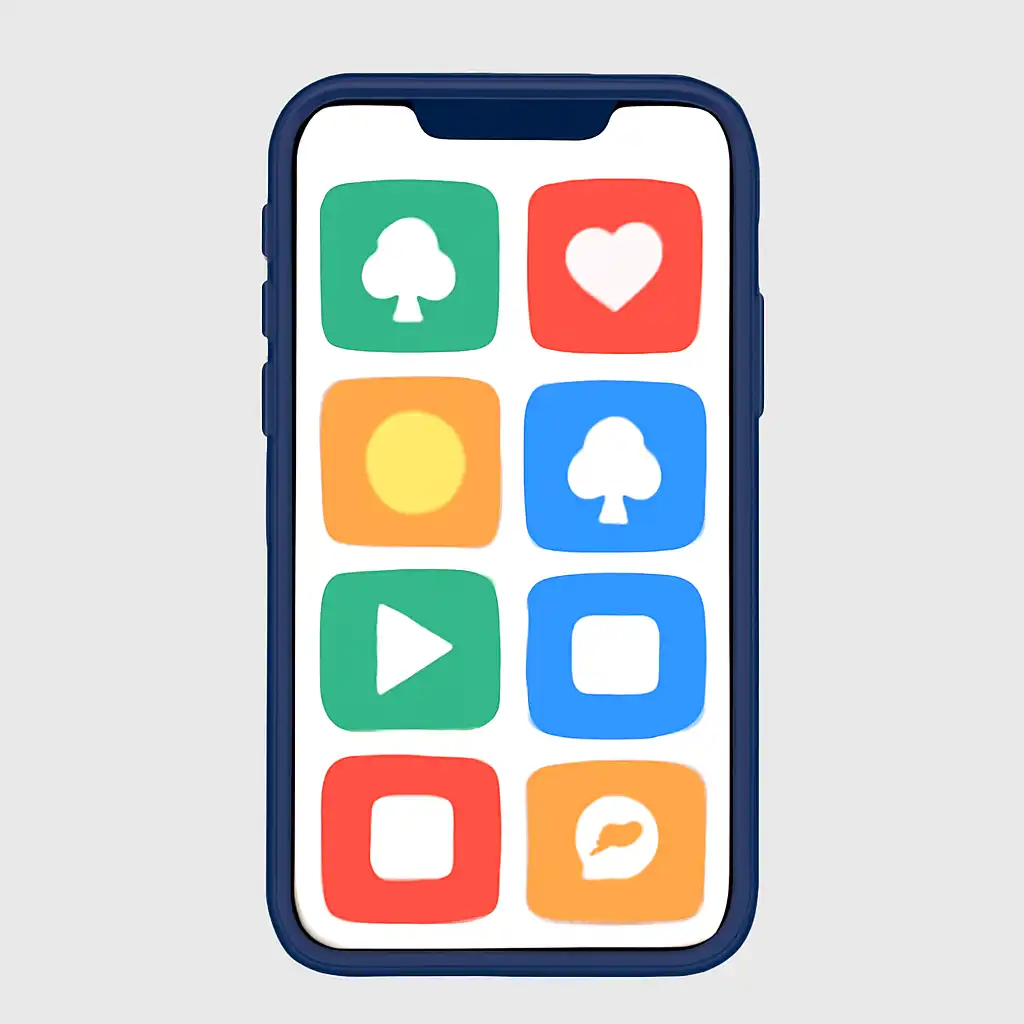 Smartphone shown from the front displaying a colourful flat layout of abstract game icons and rounded tiles, Is Rummy