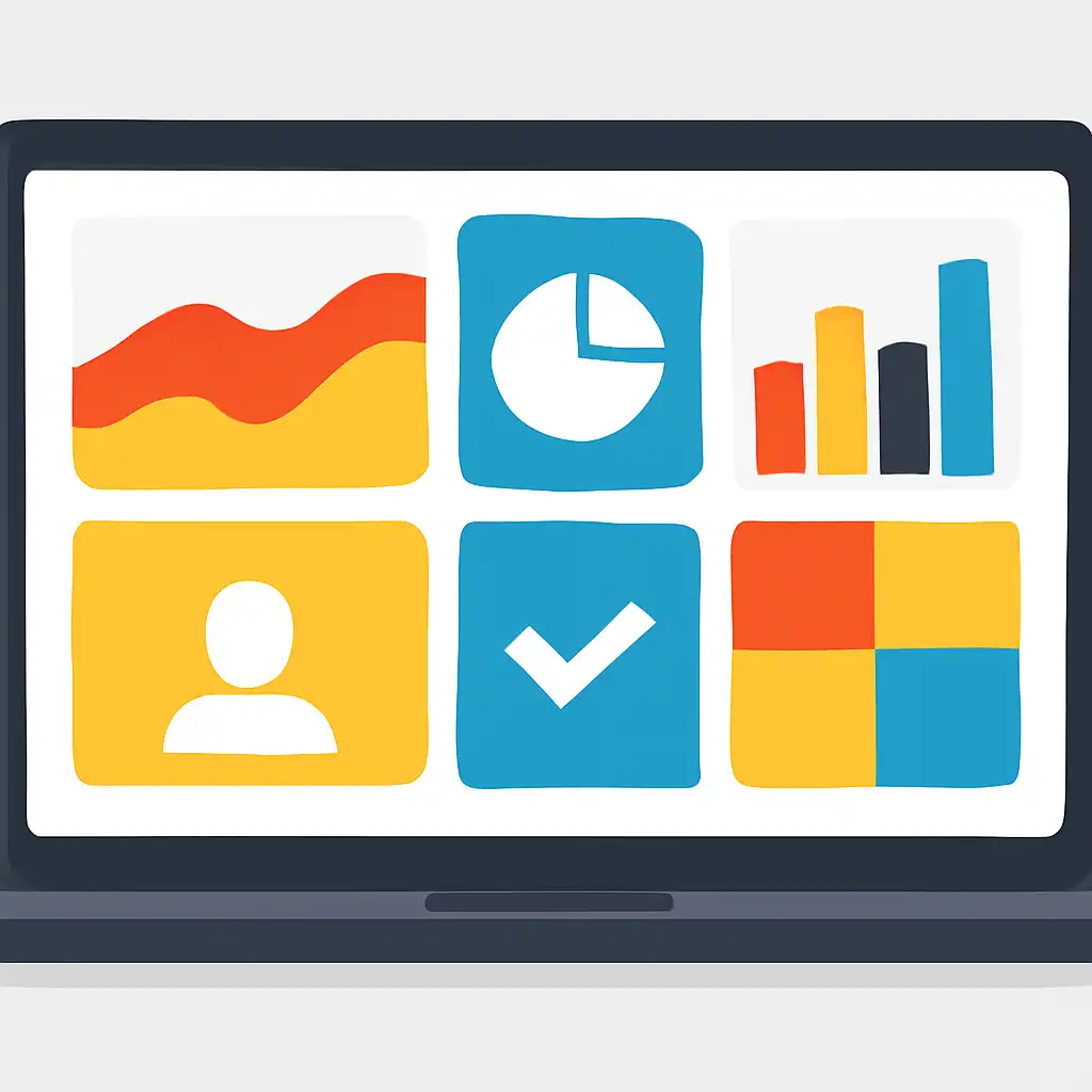 Laptop shown from the front displaying a colourful flat dashboard of abstract charts, bars and icon tiles, Is Rummy Modern