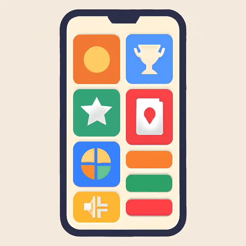 Smartphone shown from the front displaying a colourful flat layout of abstract game icons and rounded tiles, Rummy Modern