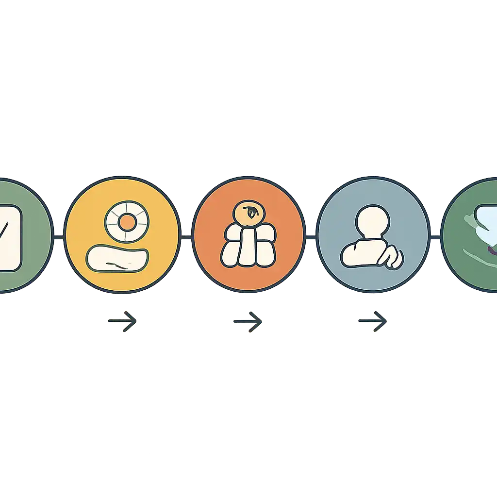 Five numbered circular icons connected by arrows in a horizontal flow, Rummy Modern Games, Bonuses and Referral Rewards