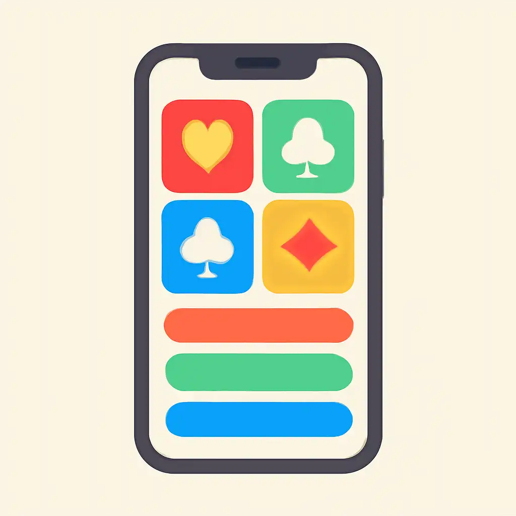 Smartphone shown from the front displaying a colourful flat layout of abstract game icons and rounded tiles, Rummy Modern