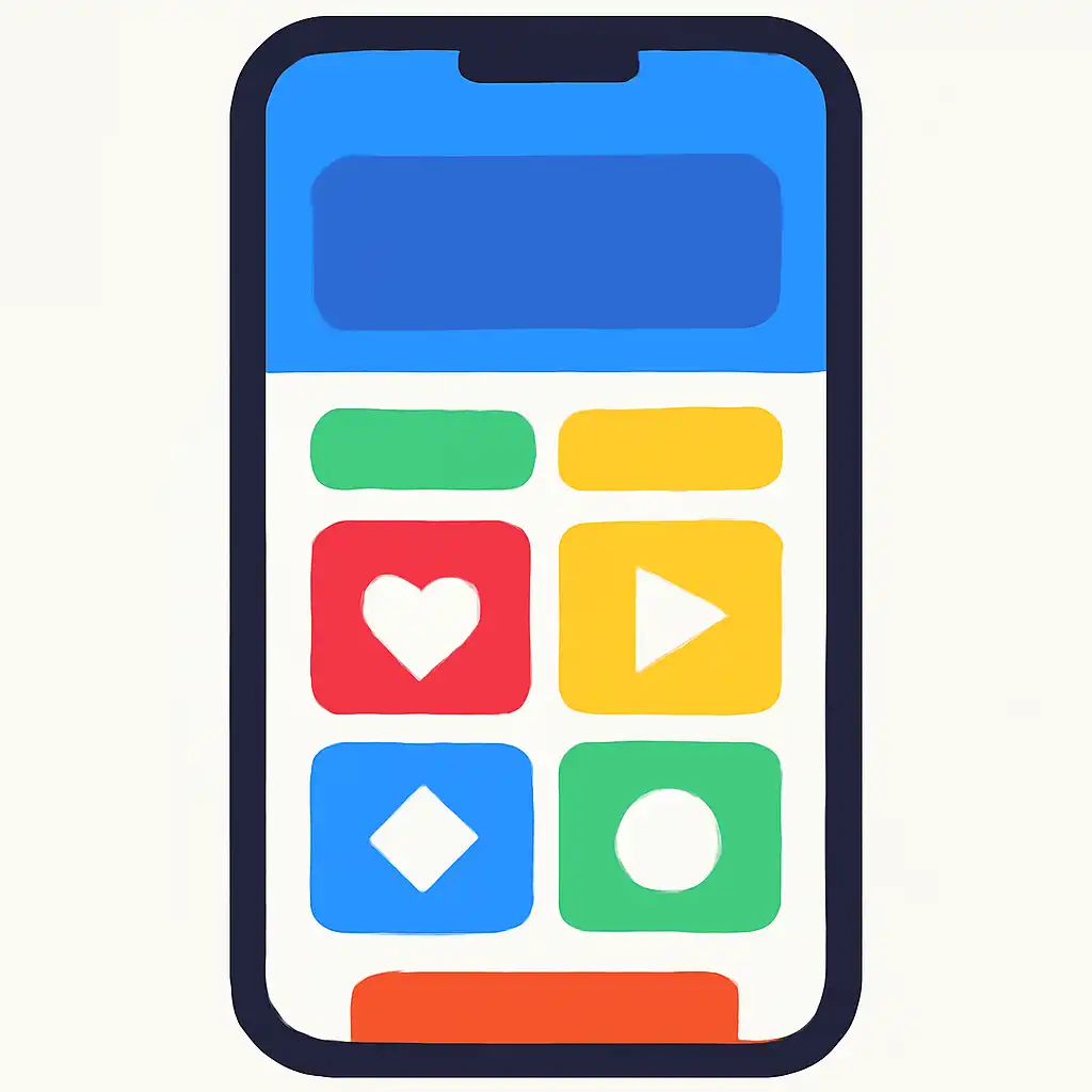 Smartphone shown from the front displaying a colourful flat layout of abstract game icons and rounded tiles, Rummy Modern