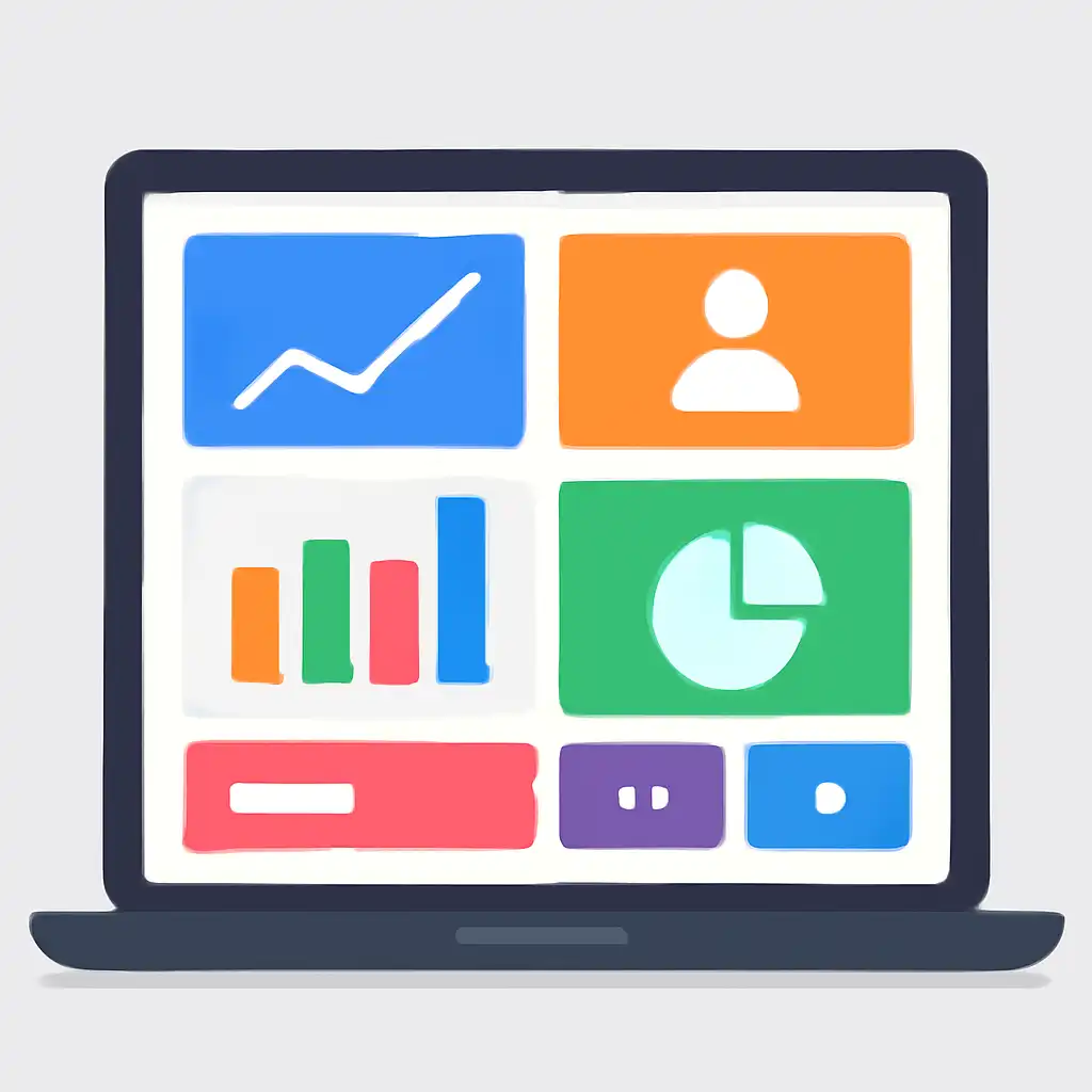 Laptop shown from the front displaying a colourful flat dashboard of abstract charts, bars and icon tiles, Rummy Modern