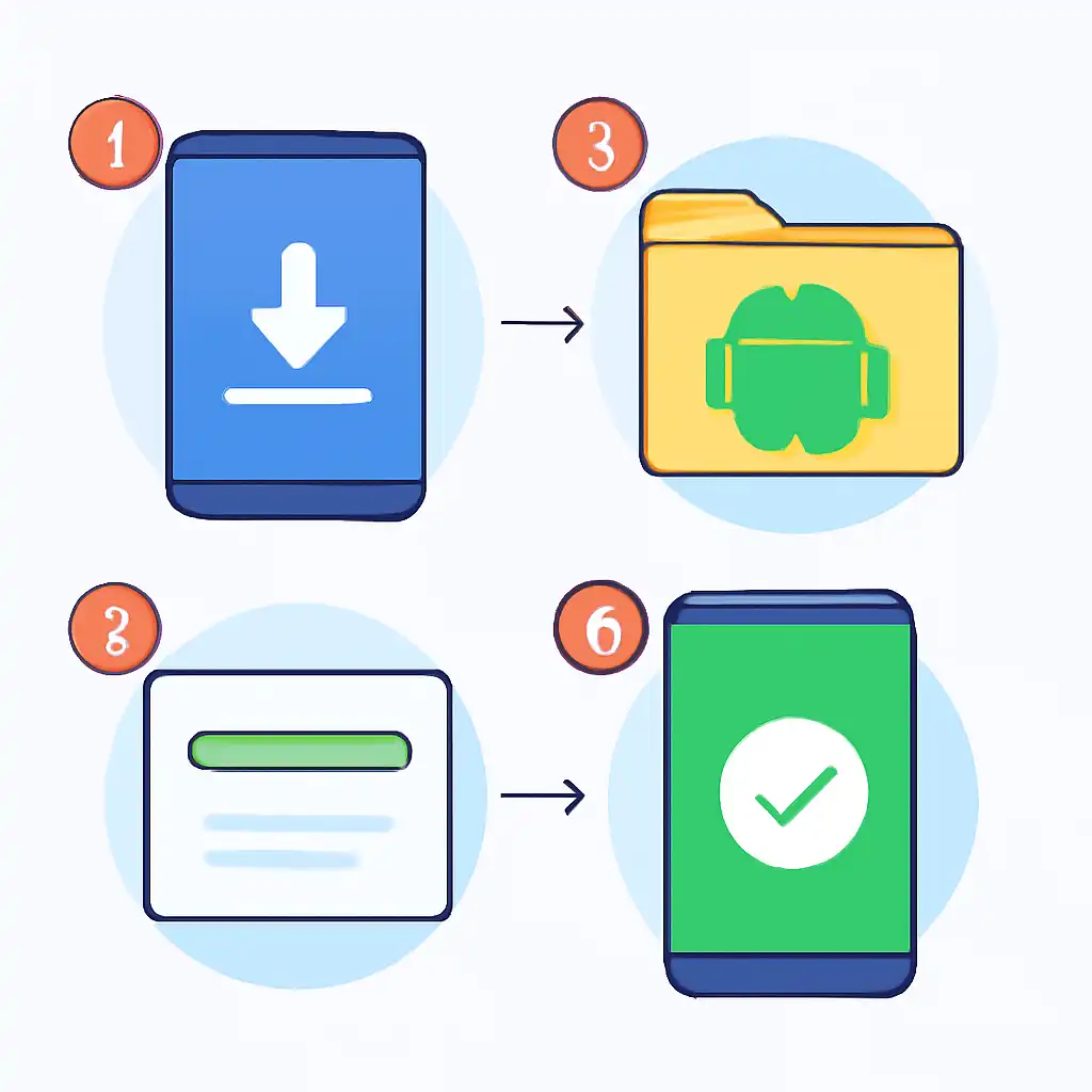 Annotated step diagram: android apk install process with numbered callouts, Rummy Modern
