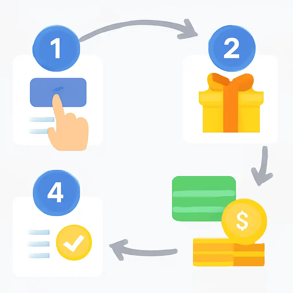 Annotated step diagram: welcome bonus terms process with numbered callouts, Rummy Modern