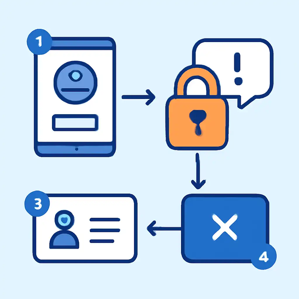 Annotated step diagram: account locked process with numbered callouts, Rummy Modern