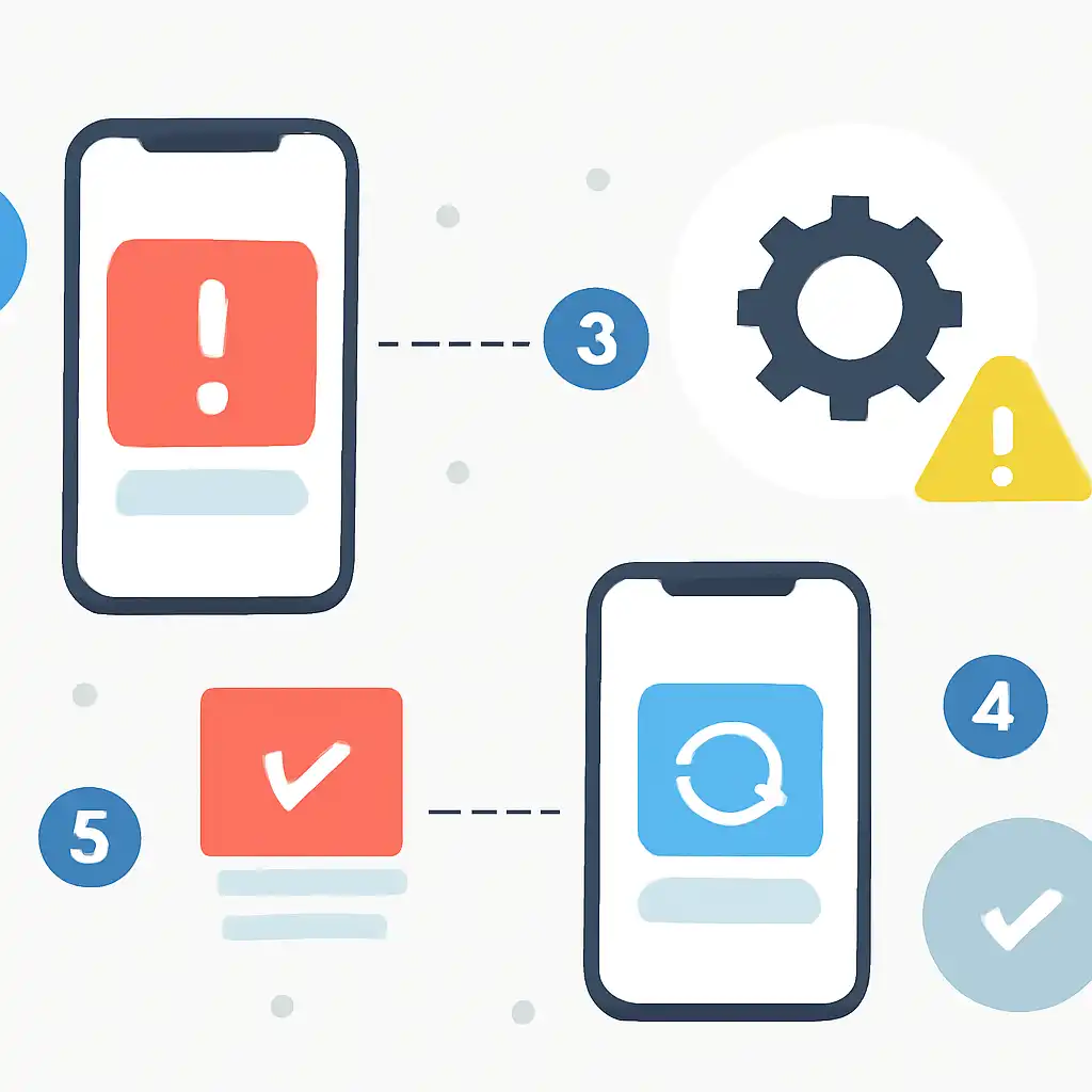 Annotated step diagram: app update problems process with numbered callouts, Rummy Modern