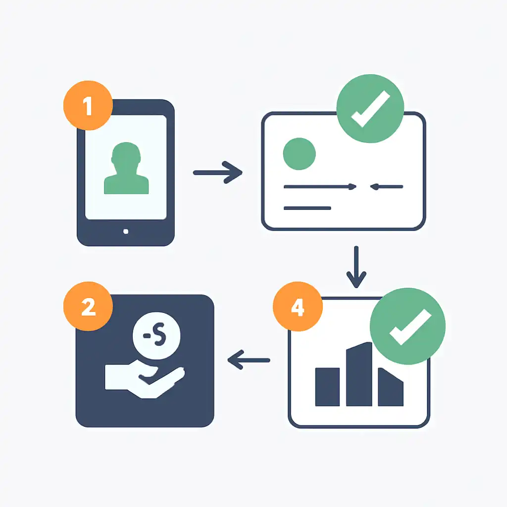 Annotated step diagram: payout timings process with numbered callouts, Rummy Modern