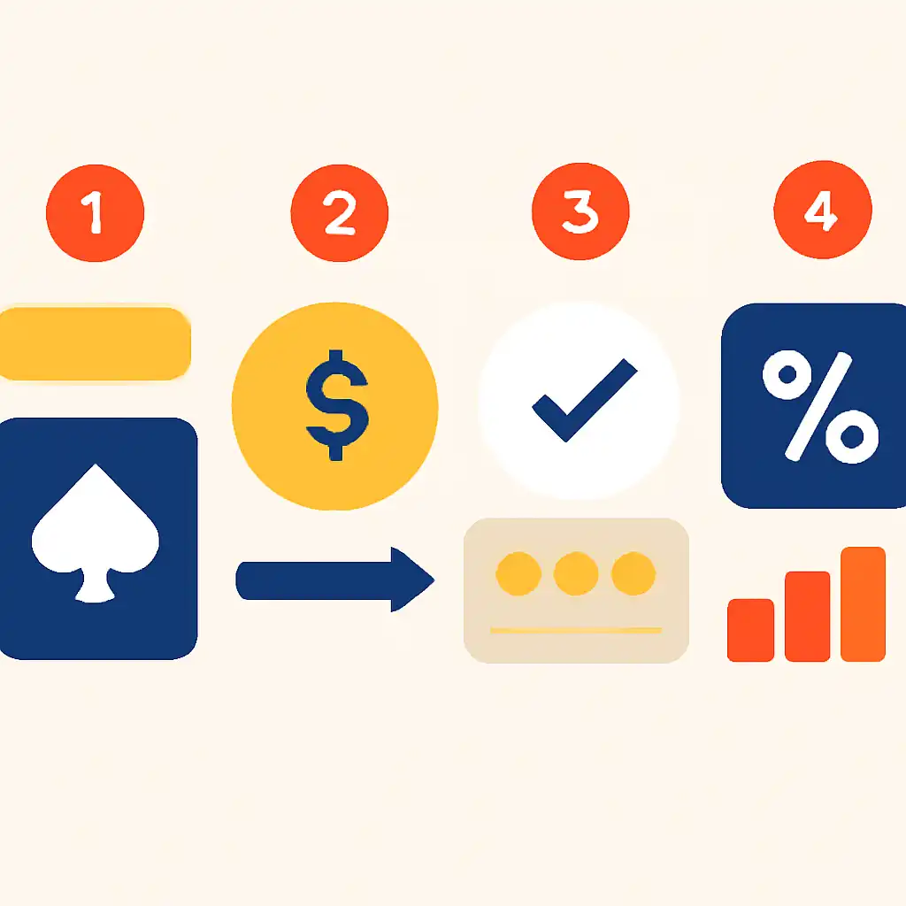 Annotated step diagram: wagering requirements process with numbered callouts, Rummy Modern