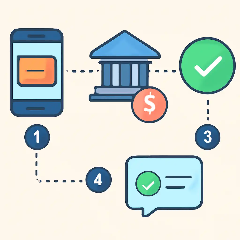 Annotated step diagram: bank transfer times process with numbered callouts, Rummy Modern