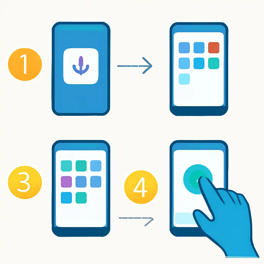 Annotated step diagram: ios app install process with numbered callouts, Rummy Modern